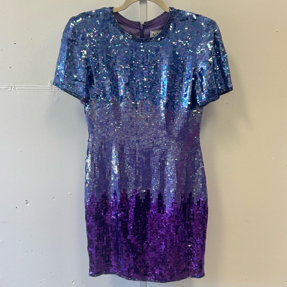 Vintage A.J. Bari 100% Silk Sequin Ombre Mermaid Mini Party Dress Purple Sz 6